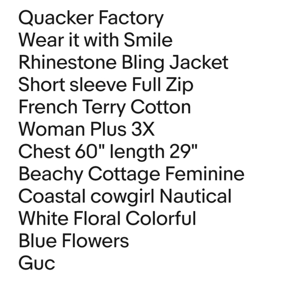 Quacker Factory Rhinestones Bling Jacket Woman Plus 3X Full Zip Cottage Coastal - Picture 6 of 11